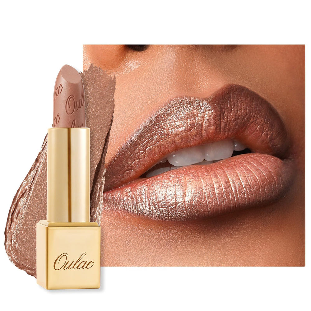 Oulac Sahara Gold, rouge à lèvres métallique, aperçu glamour lumineux pour le look quotidien