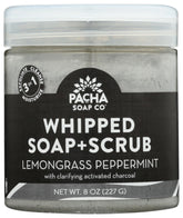 Pacha Soap Co gommage au savon fouetté citronnelle et menthe sur bouteille, exfoliation rafraîchissante.