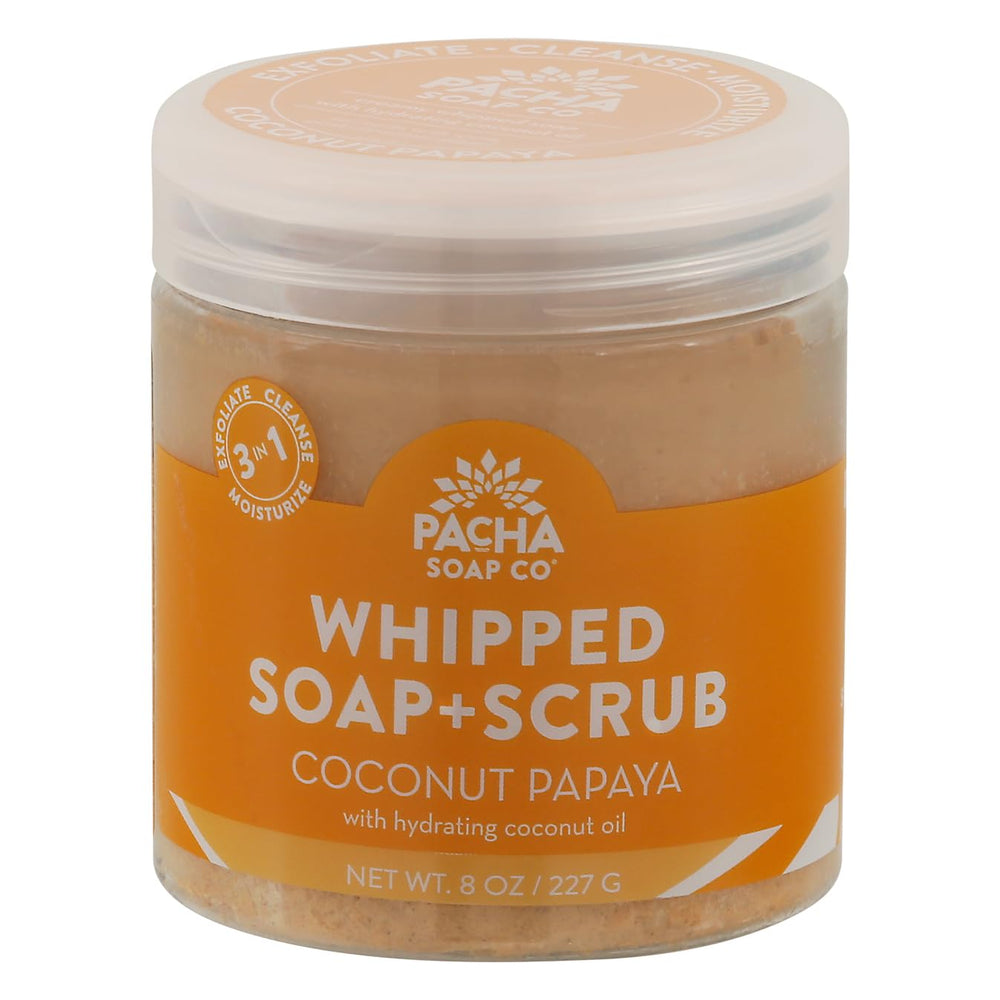 Pacha Soap Co gommage-en-mousse coco papaye dans un pot, exfoliation douce.