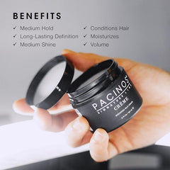 Pacinos Crème Sculptant – application facile à la paume pour un coiffage rapide.