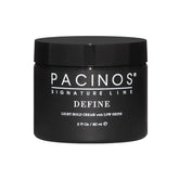 Pacinos Define Light Hold bottle close-up showcasing sleek design for easy styling.