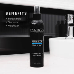 Pacinos Freeze Hair Spray dispensing action for quick, even application.