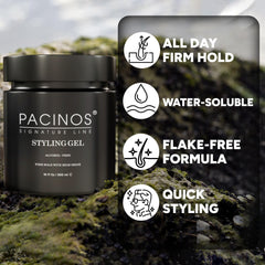 Pacinos Gel Coiffant : tenue ferme sans flocons pour la journée.