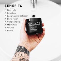 Pomade Pacinos avec tenue flexible pour réajuster le style tout au long de la journée.