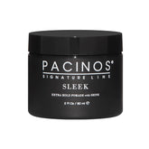 Pacinos Sleek Extrahold pomade bottle shows all-day hold with a glossy finish.