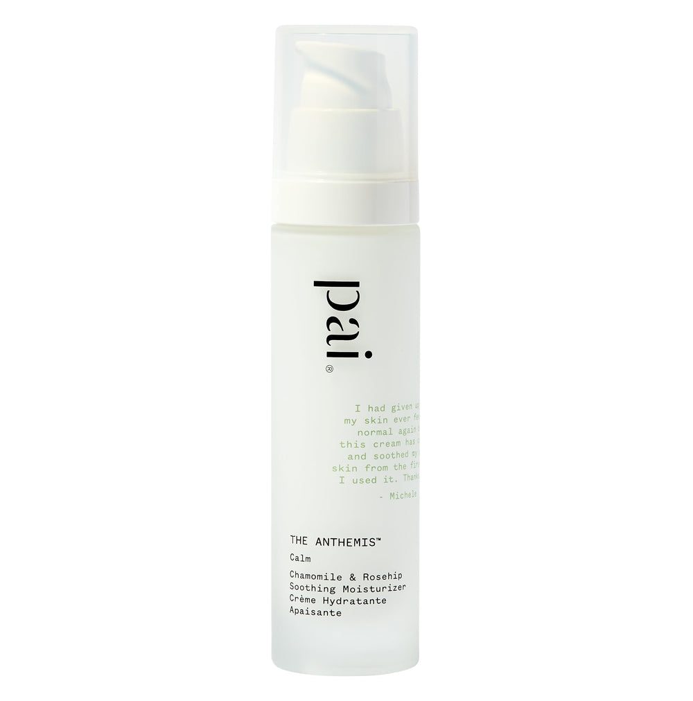 PAI SKINCARE The Anthemis: bouteille pompe montrant une crème légère apaisante pour peau sensible.