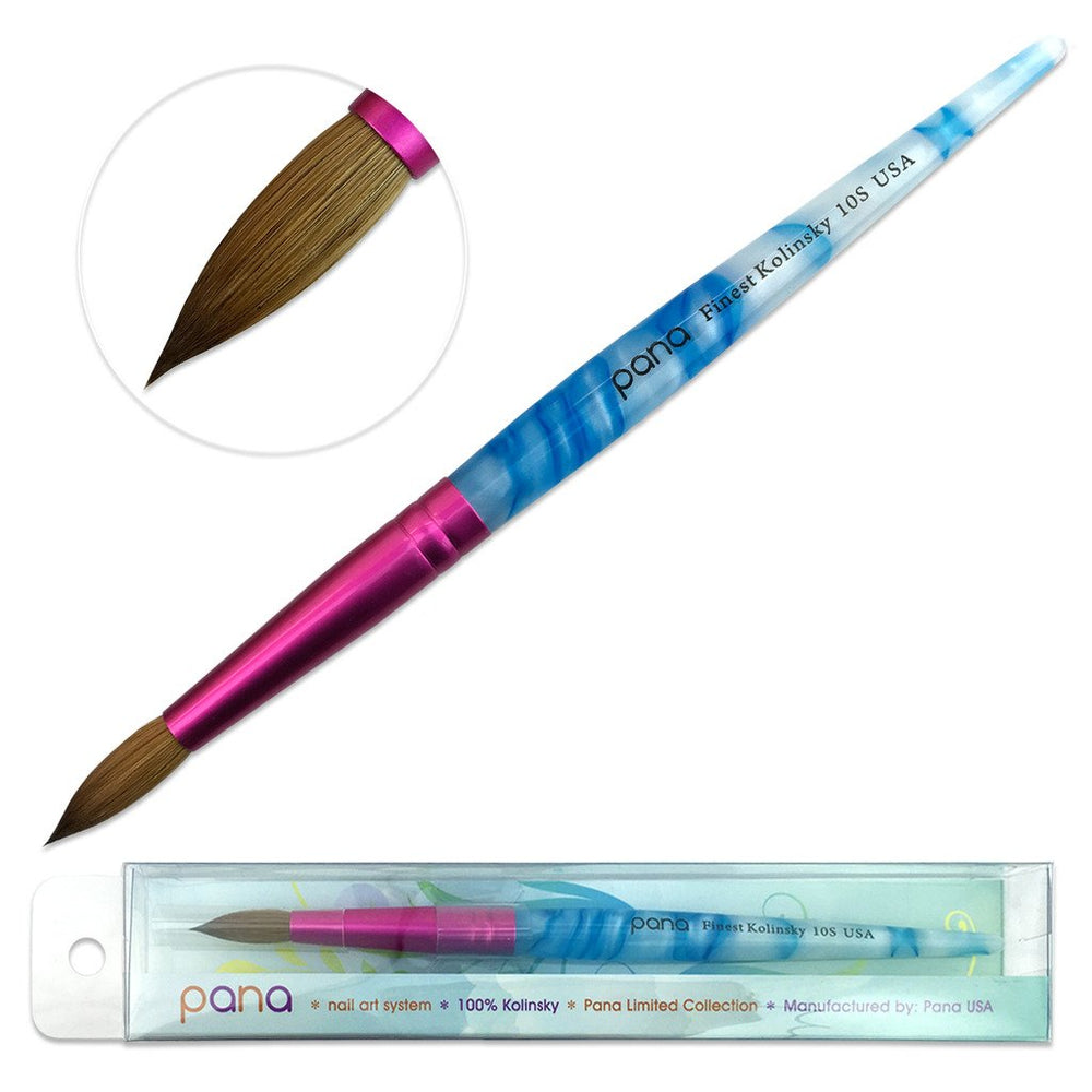 PANA pinceau acrylique Kolinsky, manche bleu blanc, ferrule rose, prise en main confortable.