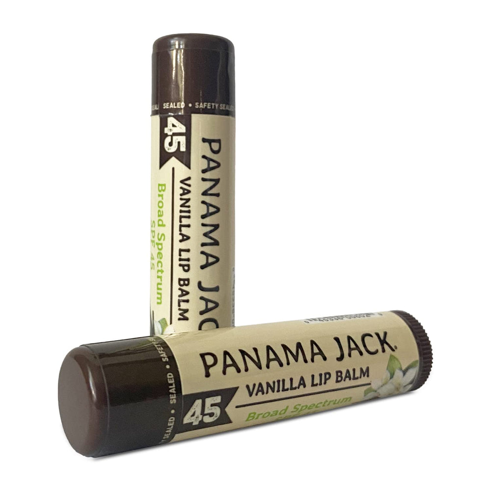 Panama Jack baume lèvres SPF45 vanille emballage pratique pour l'application quotidienne.