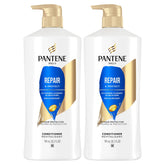 Pantene pack jumeau d'après-shampooing, deux bouteilles visibles pour cheveux plus forts.