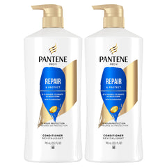Pantene pack jumeau d'après-shampooing, deux bouteilles visibles pour cheveux plus forts.