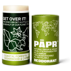 PĀPR déodorant naturel avec emballage papier forêt côtière, option zéro déchet.