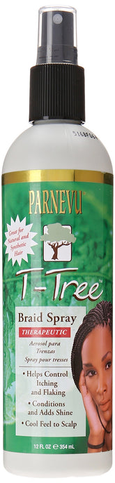 Parnevu T-Tree Braid Spray — Bouteille: hydratation légère et brillance pour tresses.