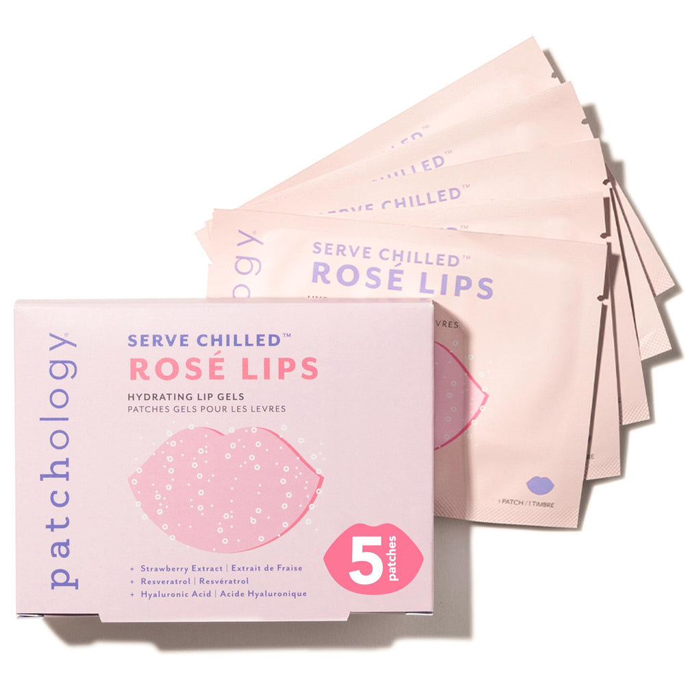Patchology Serve Chilled Rosé Gel Lip Mask, emballage pratique prêt à transporter pour hydratation quotidienne.