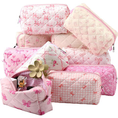 Paterr sac maquillage fleuri matelassé rose avec noeud, rangement pratique pour quotidien.