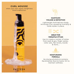 PATTERN Beauty Curl Mousse, tenue légère pour lavage et coiffage sans effort.