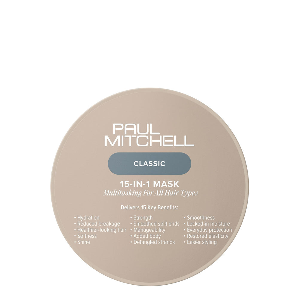 Paul Mitchell 15-en-1 Masque, bouteille visible, hydratation rapide pour tous types de cheveux.