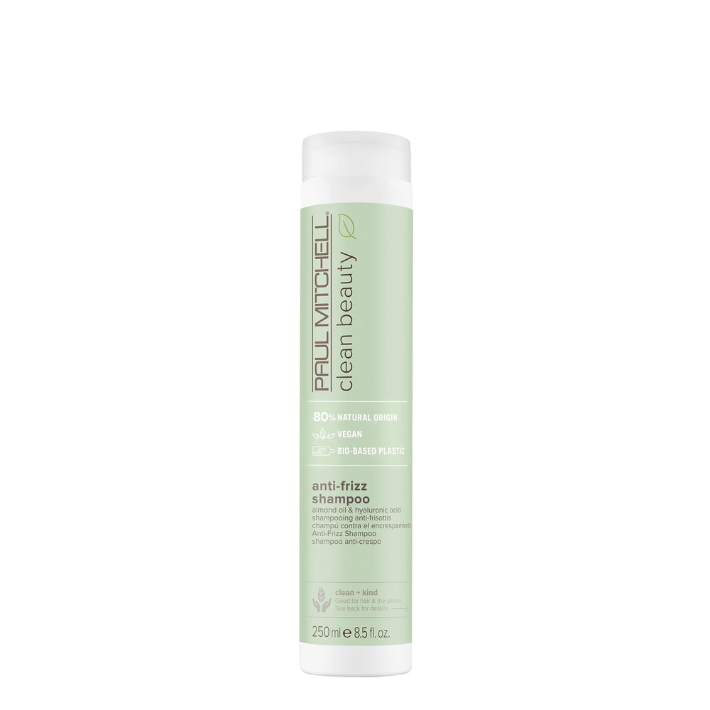Paul Mitchell Clean Beauty Anti-Frisottis Shampoo – flacon, lissage de la surface capillaire et frisottis réduits.