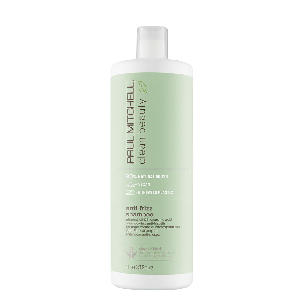 Paul Mitchell Clean Beauty Anti-Frizz Shampoo, bouteille, cheveux plus lisses et maniables.