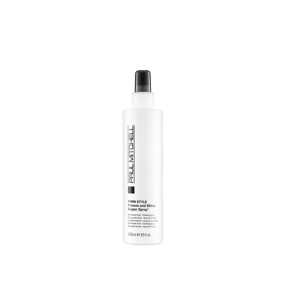 Paul Mitchell Freeze et Brillance – bouteille avec tenue durable et brillance élevée.
