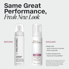 Emballage PCR de Paul Mitchell Invisiblewear Extra Body Whip, recyclable et respectueux de l’environnement.