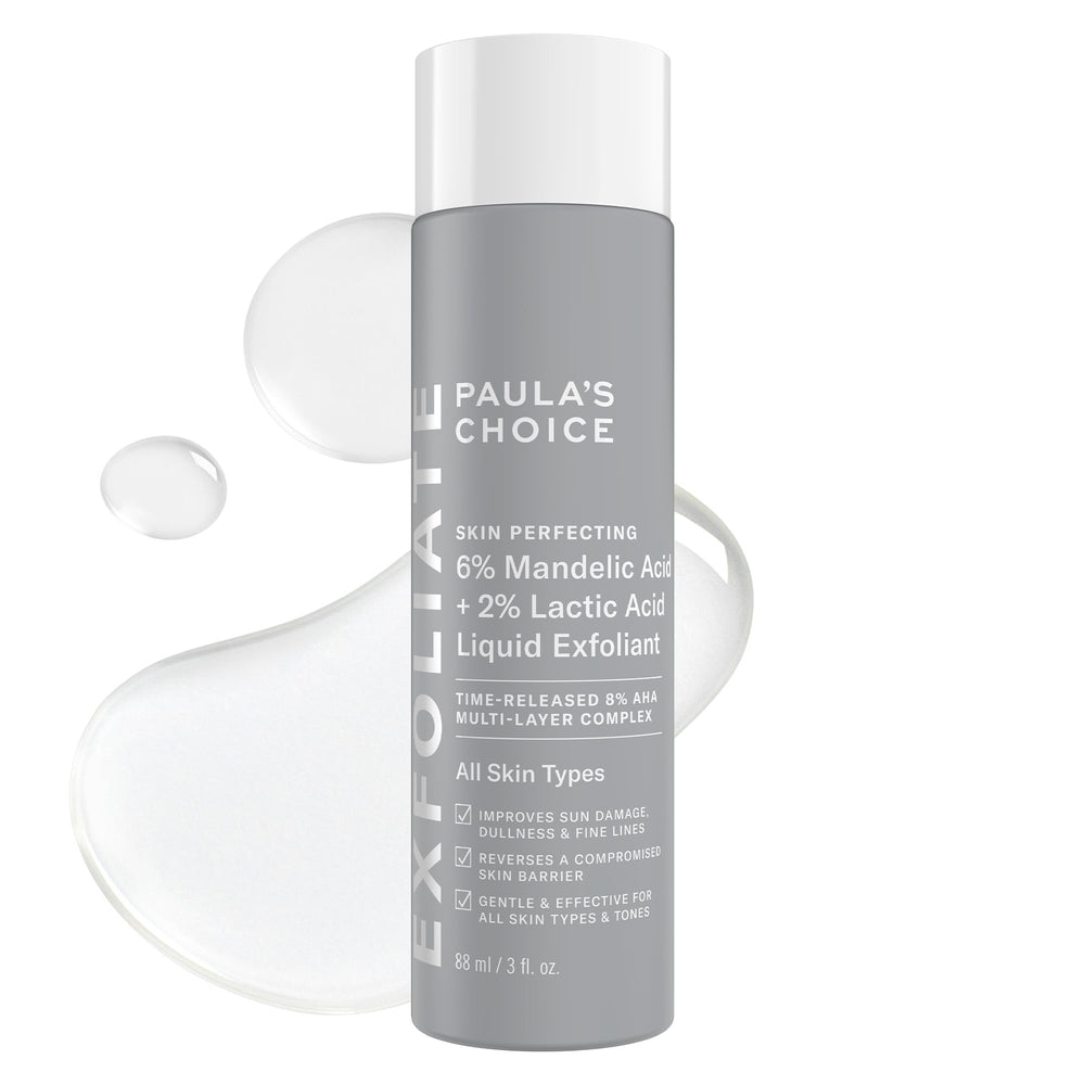 Paula's Choice Exfoliant 6% mandélique + 2% acide lactique sur flacon, exfolie en douceur le teint.