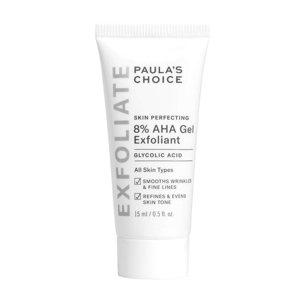 Paula's Choice flacon gel exfoliant AHA 8% prêt voyage, révèle peau plus lisse.