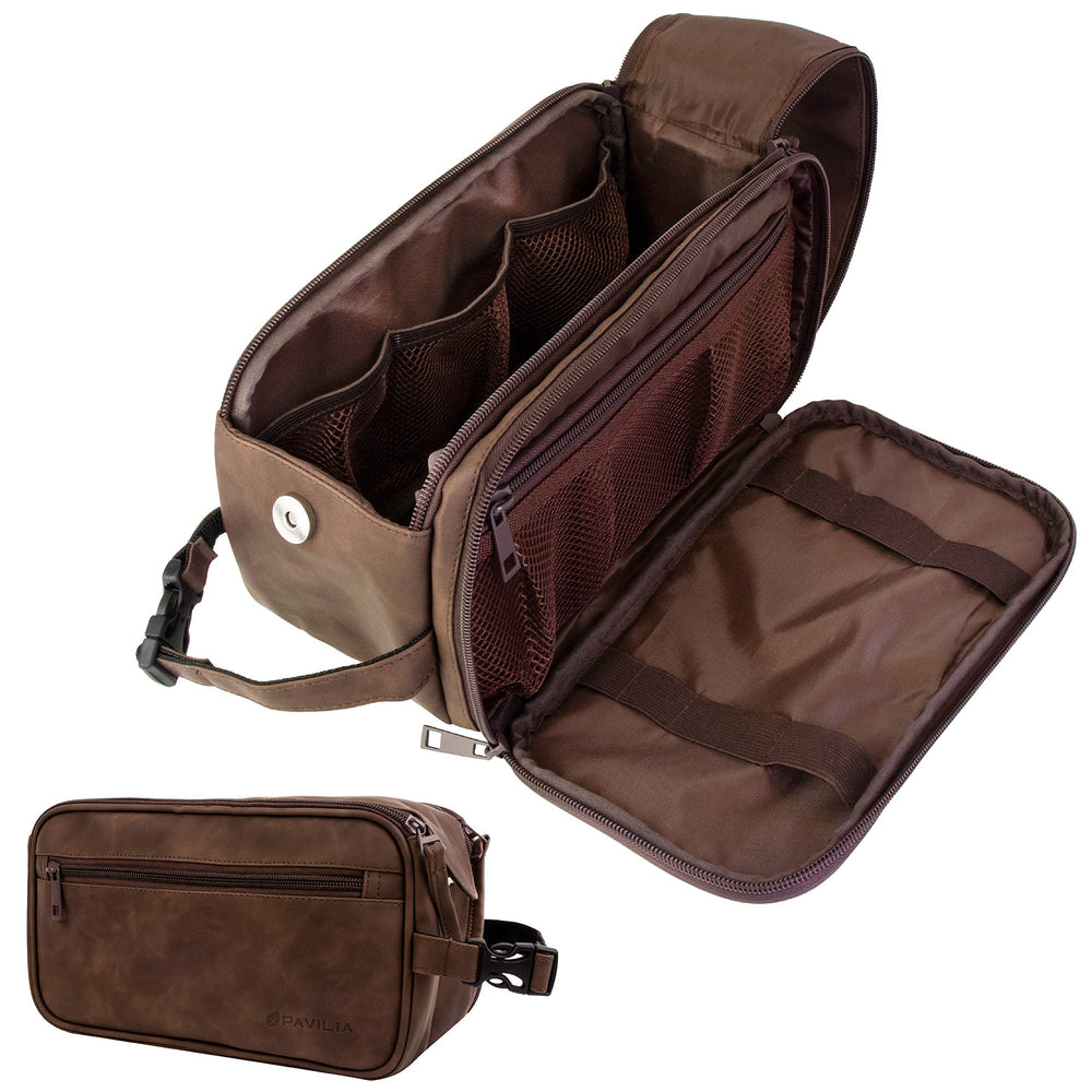Trousse PAVILIA en cuir PU imperméable marron foncé, idéale en voyage et rangement pratique.