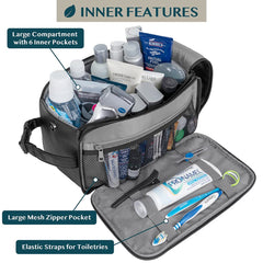 Kit de toilette PAVILIA noir avec fermetures doubles facilitant le rangement.
