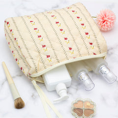 PAZIMIIK sac maquillage quilté, poche mesh pratique pour pinceaux et petits articles.