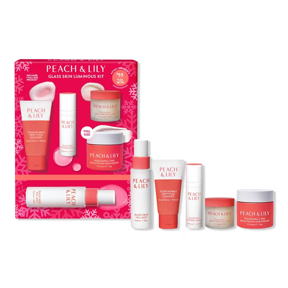 Le coffret Peach & Lily avec un emballage élégant, idéal pour une routine quotidienne.