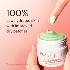 Rituel soin quotidien avec Peach & Lily Matcha Pudding, application matin et soir.