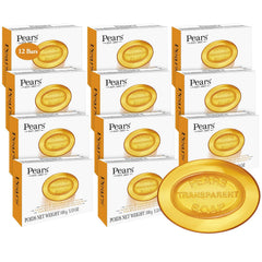 Savon Pears glycérine ambre transparent, lot de 12 barres, hydratation durable.