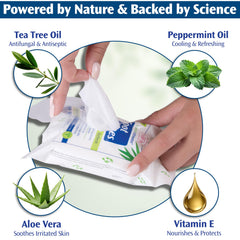 PediFix lingettes pieds, arbre à thé et aloe, nettoient et apaisent après l'effort.