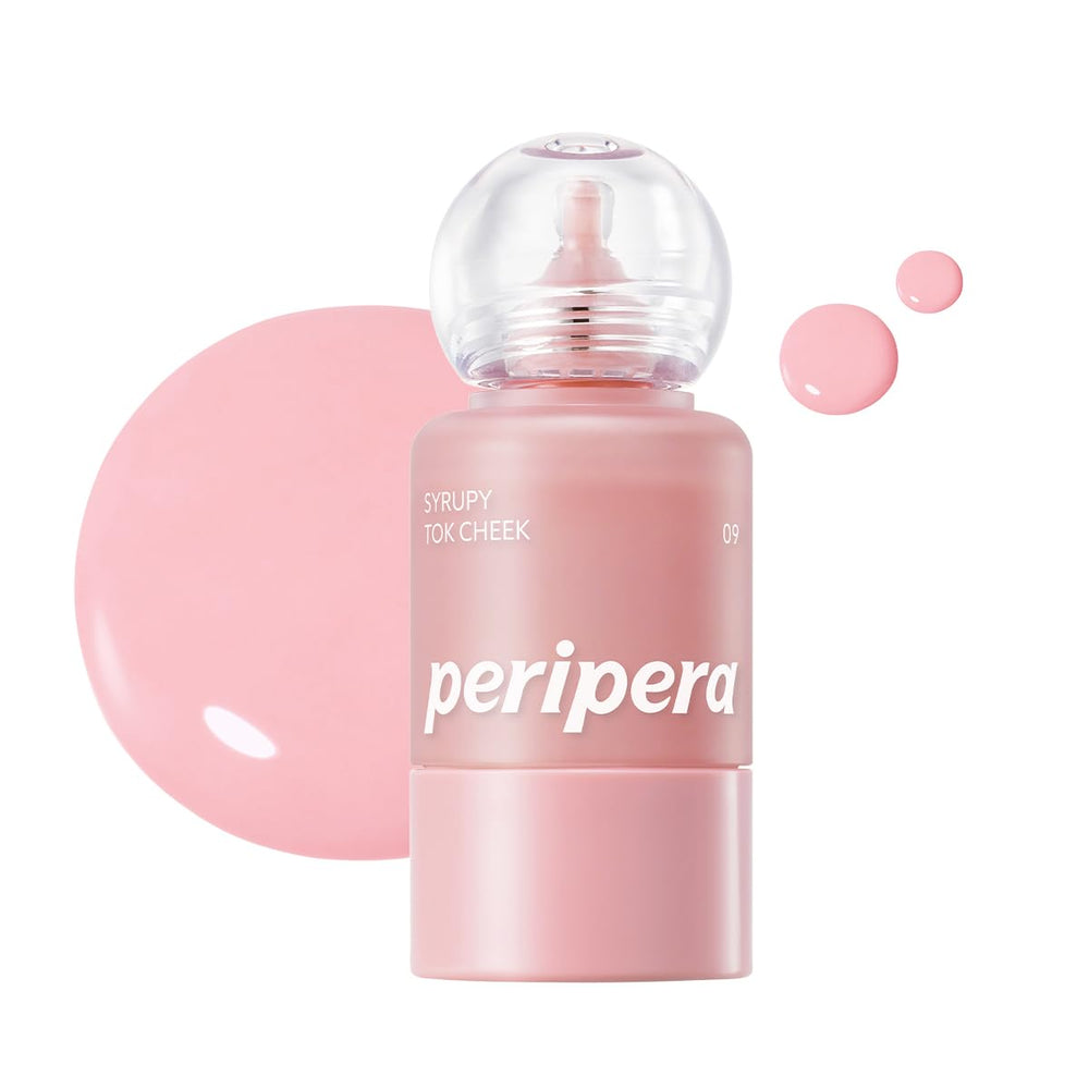Peripera Syrupy Tok Cheek flacon pale peach, texture légère et couleur rosée.