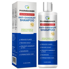 PHARMBANNER Shampoing sélénium-sulfure, flacon clair, fraîcheur mentholée.
