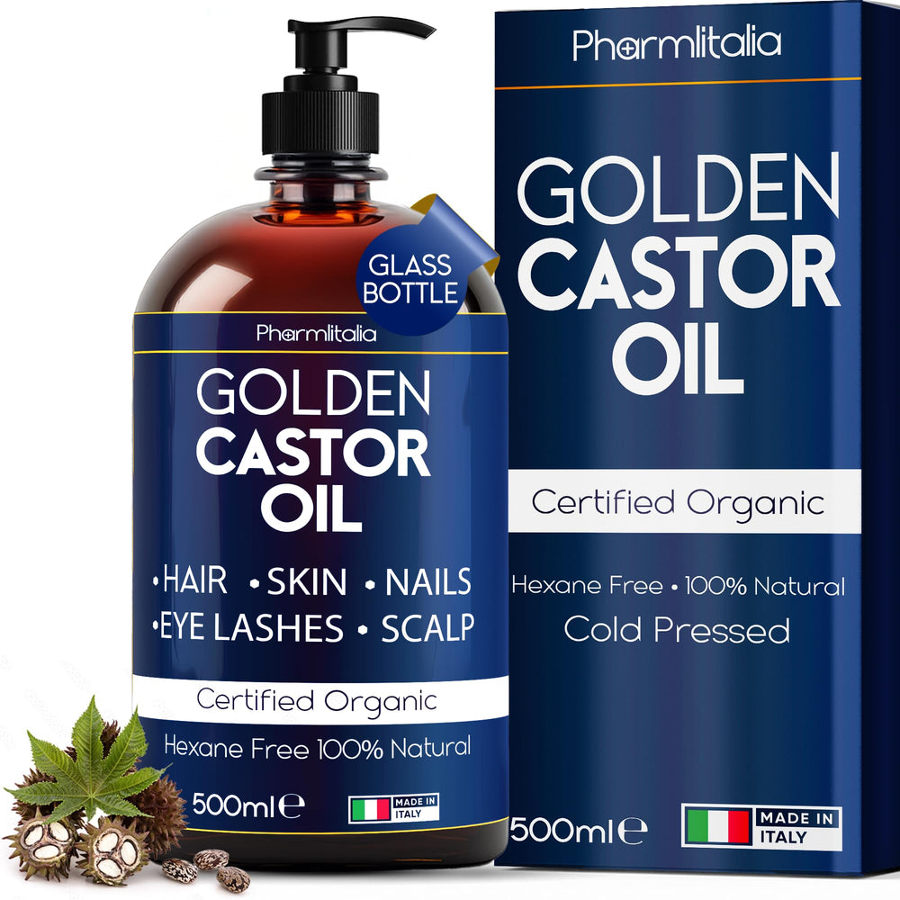 Pharmlitalia Caster Oil in dark glass bottle for preserved freshness and protection