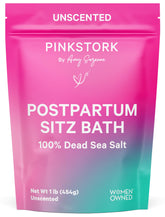 Pink Stork Postpartum Sitz Bath Soak packaging on shelf for postpartum perineal care.