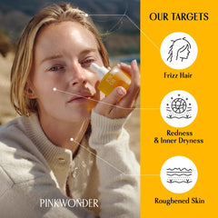 PINKWONDER Huile de jojoba bio, gouttes sur peau, parfum léger apaisant.