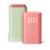 Pixi On-the-Glow Bronze baton hydratant, application sur joues et lèvres pour un éclat léger.