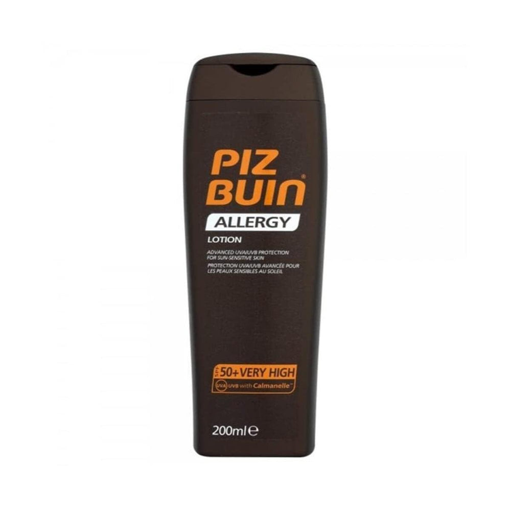 Piz Buin Allergy Lotion SPF50+ sur flacon de 200 ml pour peau sensible.