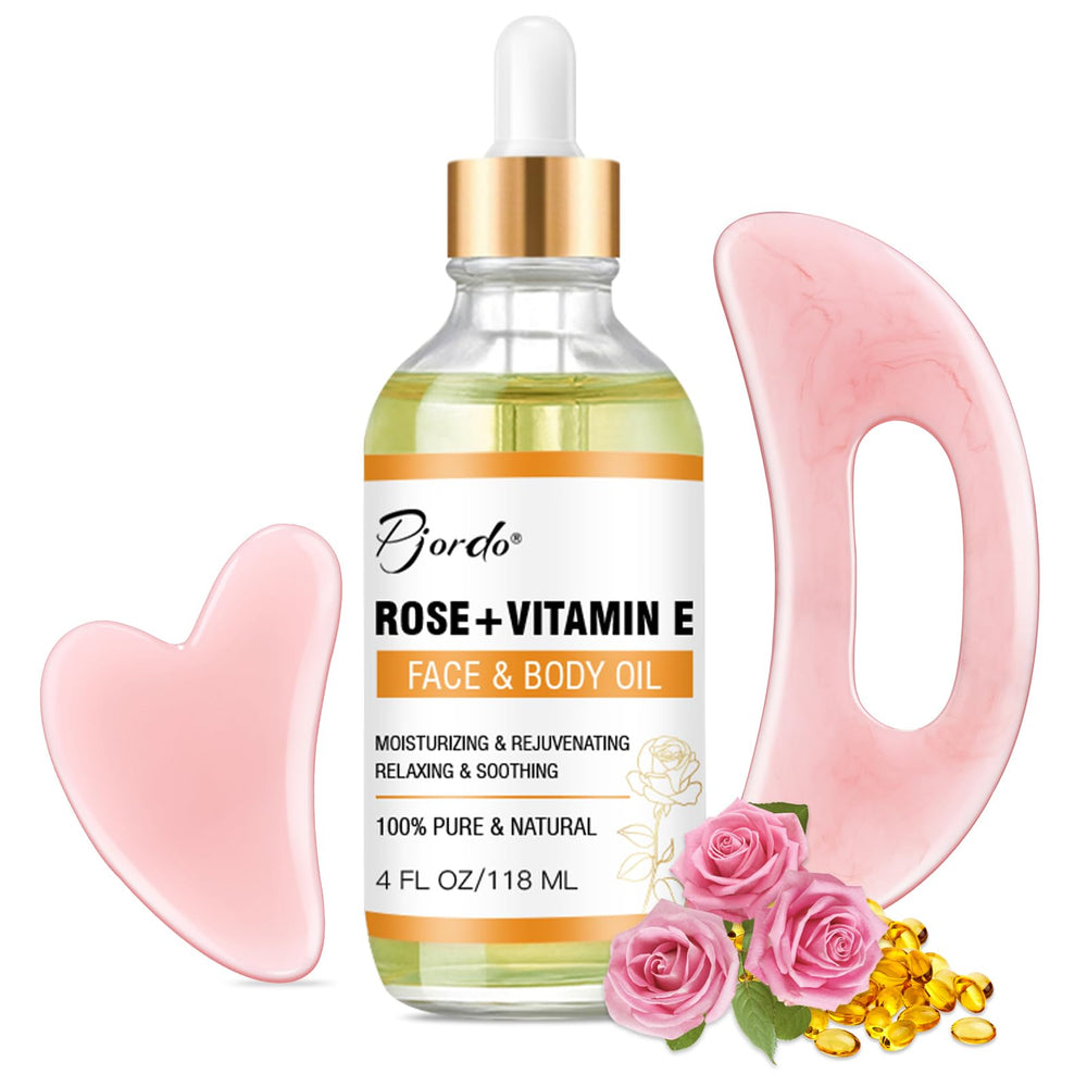 Pjordo Huile Vitamine E et Rose – flacon élégant pour hydrater visage et corps.