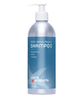 Shampoing Plaine Products – bouteille réutilisable avec pompe et parfum romarin-menthe-vanille.