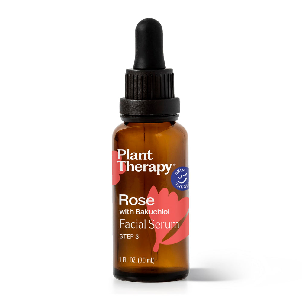 Sérum Plant Therapy Rose Bakuchiol en flacon pompe, application douce et hydratante.