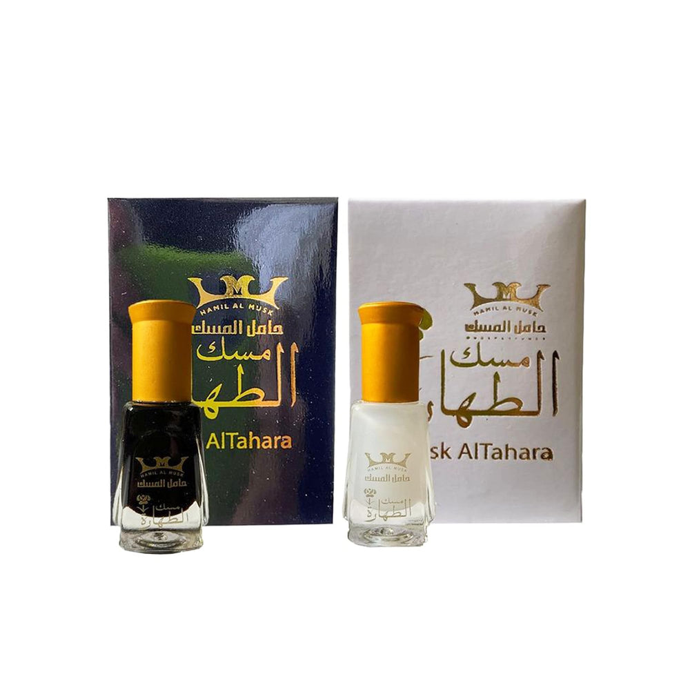 Musk Al Tahara Platinum Egypt: bouteille noire et blanche pour une fragrance durable et sophistiquée.