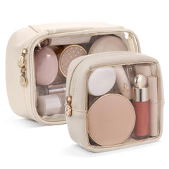 Pocmimut mini sac maquillage transparent beige, rangement élégant pour voyages et quotidien.