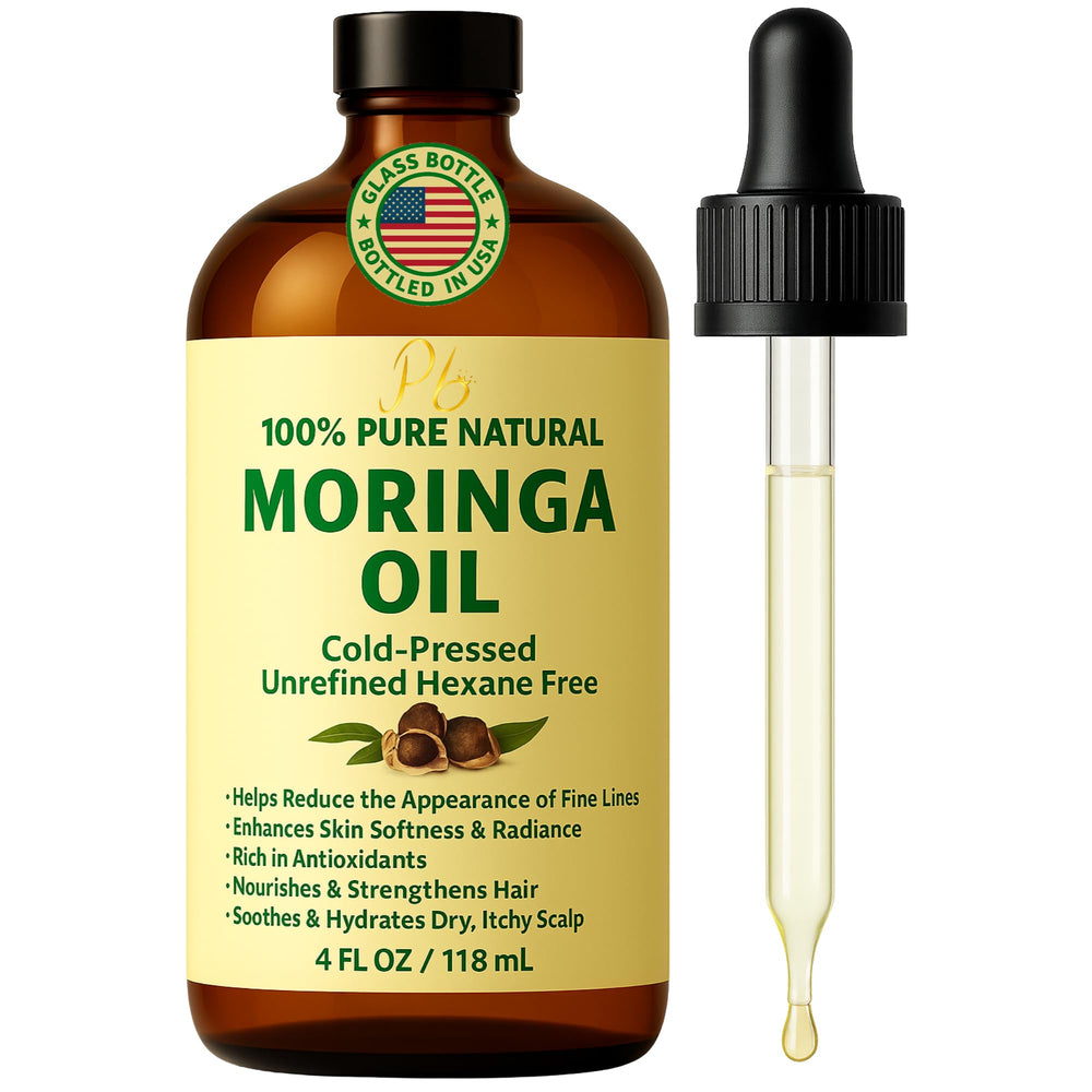 Pomberries Huile de Moringa en bouteille ambrée prête pour hydratation légère.