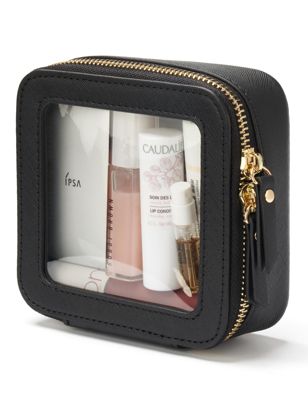 Pochette Popvibe transparente et noire, visibilité immédiate des produits essentiels.