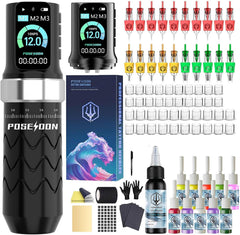 POSEIDON Tattoo Gun Kit avec batteries 2300mAh pour sessions prolongées et sans fil.