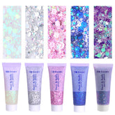 Bouteille Prehot paillettes visage-corps pour une brillance durable.