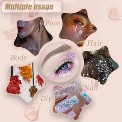 Maquillage Prehot à paillettes pour joues et lèvres, accent du look.